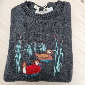 Amana Men's Grey Wool Blend Duck Embroidered Fair Isle Vintage Sweater L USA